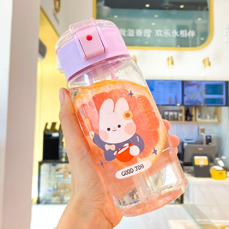 Water bottle high value straw cup one-click elastic cover small fresh plastic cup girls portable handle children printed water cup