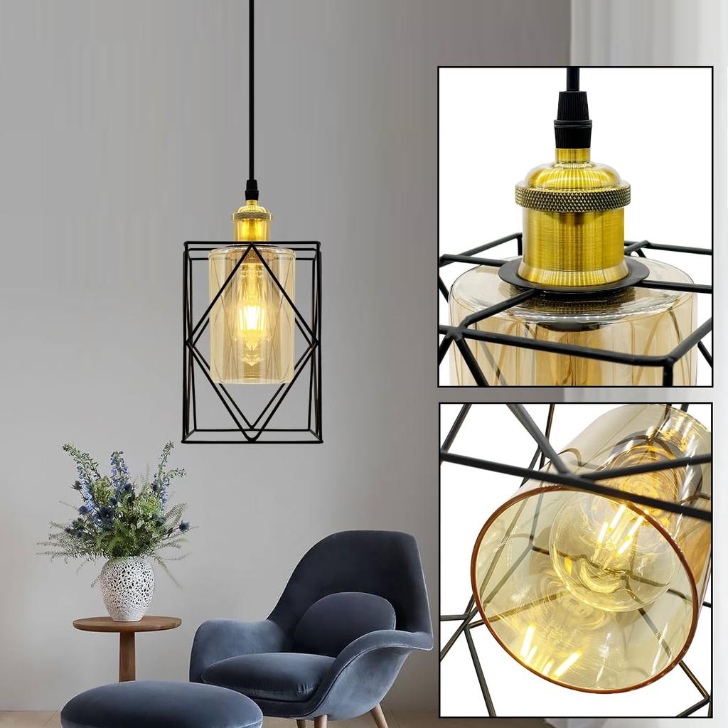 Stylish glass pendant amber hanging Western E26 interior ambient ceiling dining living single adjustable decorative cover included hook ceiling LED