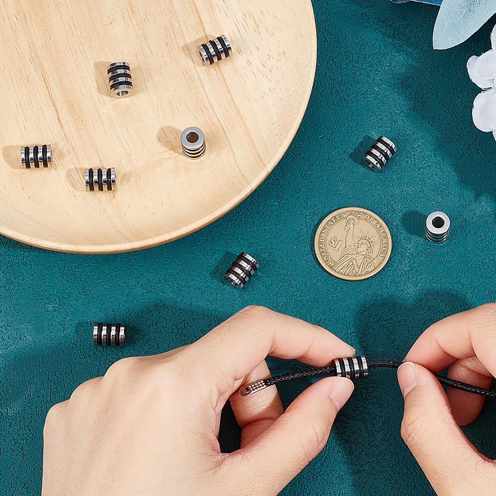 10Pcs 304 Stainless Steel European Beads, Large Hole Beads, with Plastic, Grooved Column, Stainless Steel Color, 10x8mm, Hole: 4mm
