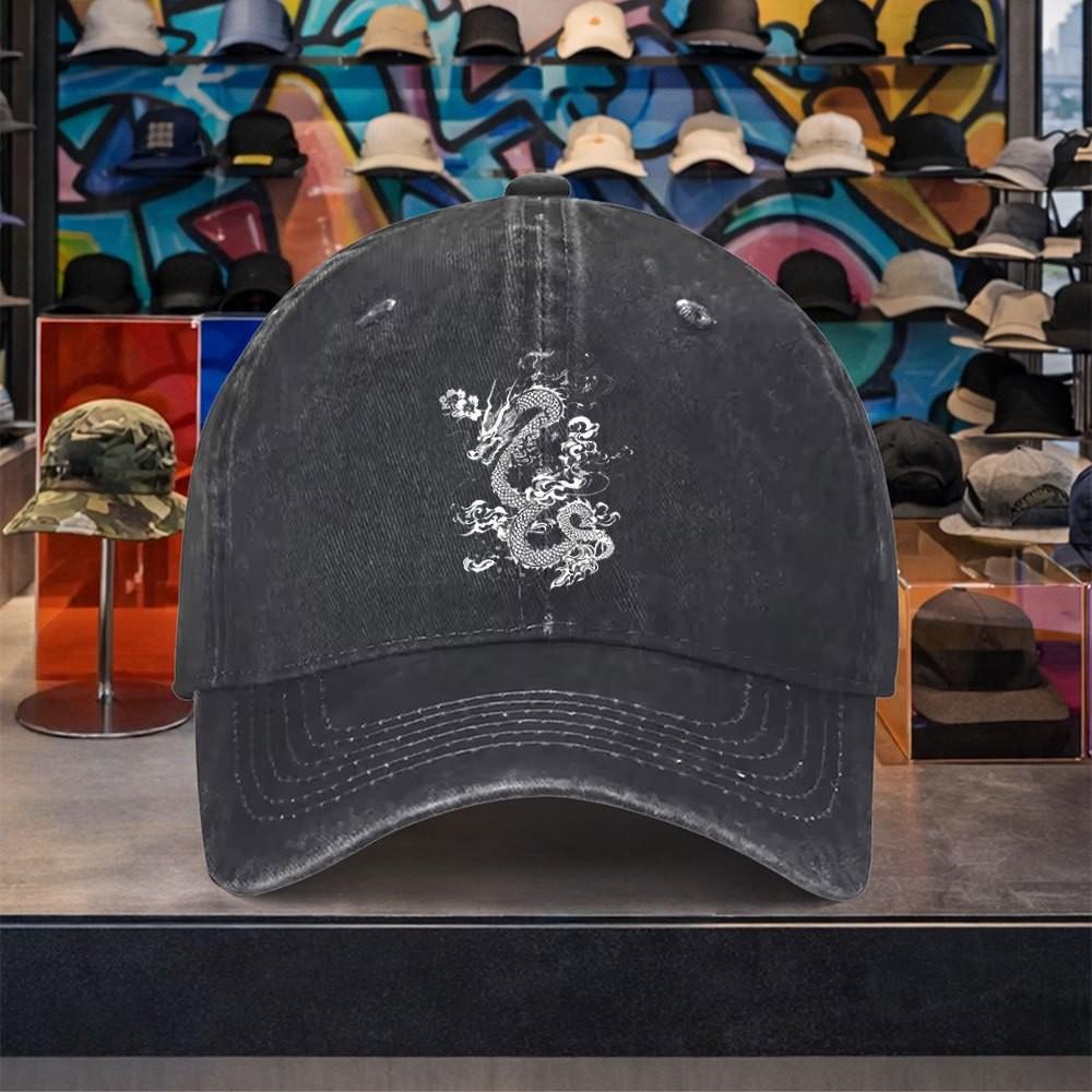 Dragon Graphic Washed Cotton Baseball Cap Adjustable Distressed Retro Outdoor Unisex Cap