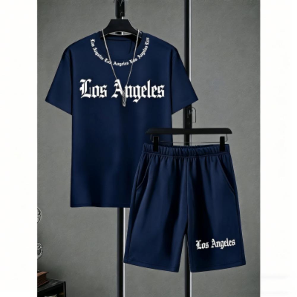 Men's Set Letter Printed Men's T-shirt and Shorts 2 Piece Set Summer Casual Outdoor Men's and Women's Outfit Clothing