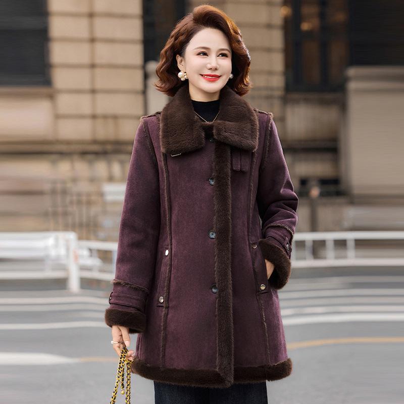 Women's Faux Leather and Fur Jacket with Fur Collar, Warm Thickened Coat for Middle-Aged & Elderly, 2025 New Style