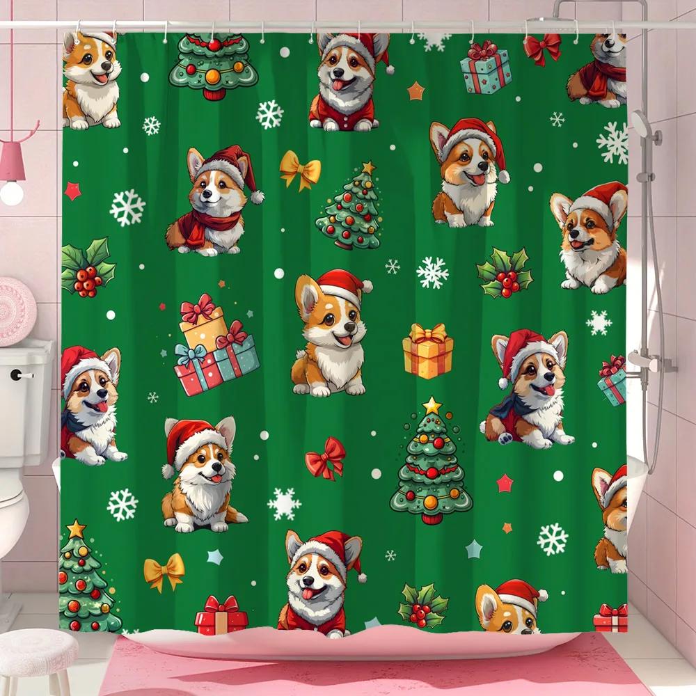 

Funny Christmas Puppy Shower Curtain Christmas Tree Gift Bow Snowflake Polyester Fabric Shower Curtain Bathroom Decor With Hooks 90x180cm35x71in