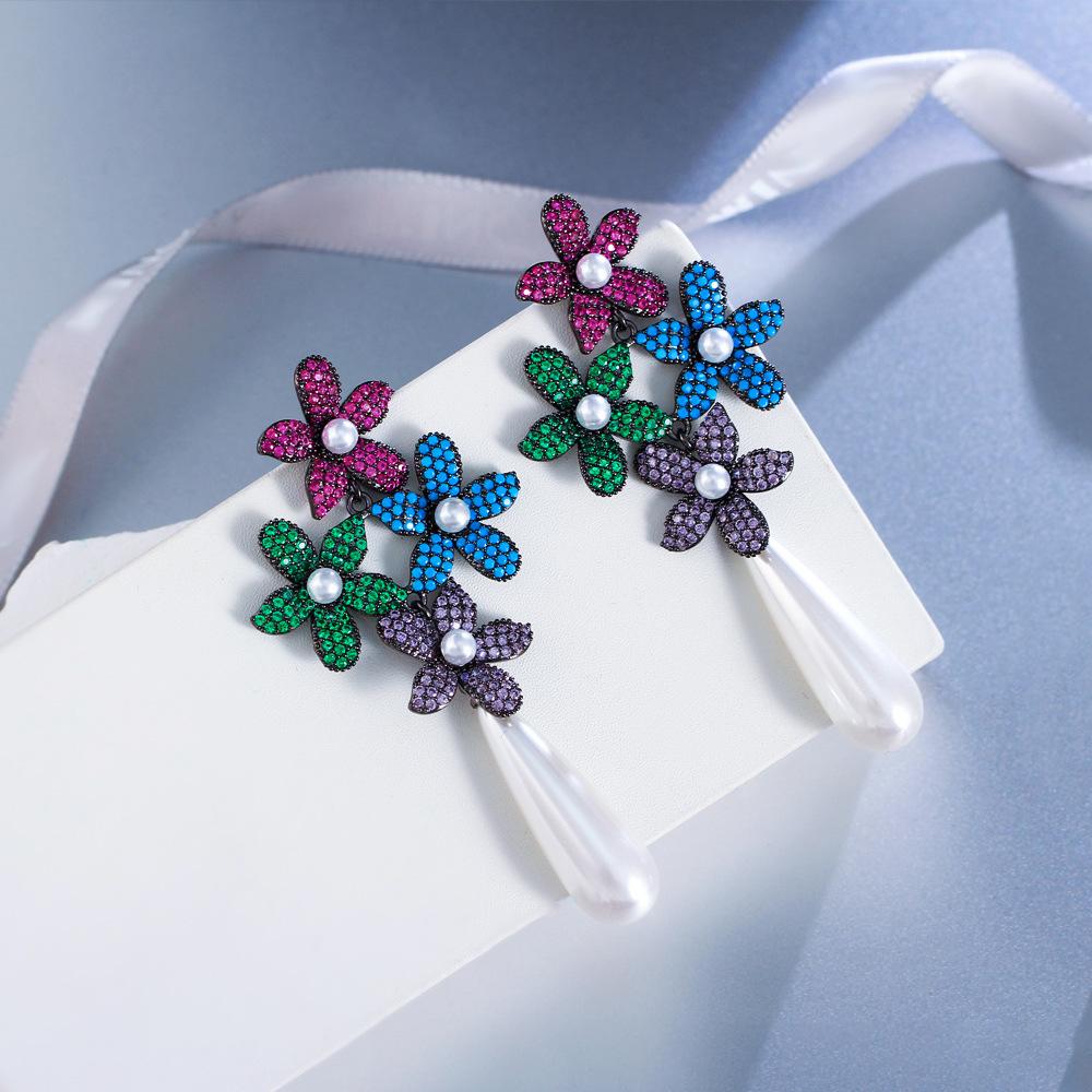 Needle Light Luxury Elegant Full Zircon Colored Flower Pearl Earrings Catwalk Water Drop Pearl Earrings Ear Jewelry