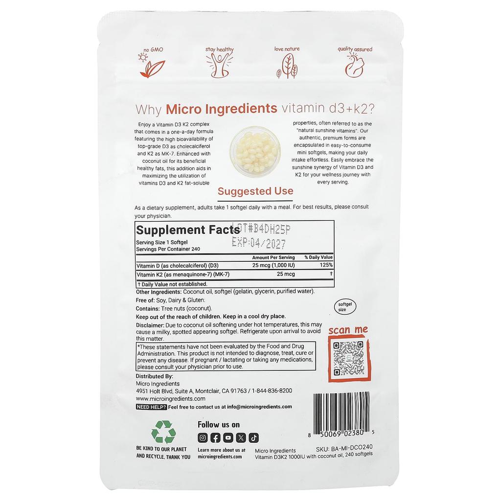 Micro Ingredients, Vitamin D3 + K2, 240 Softgels