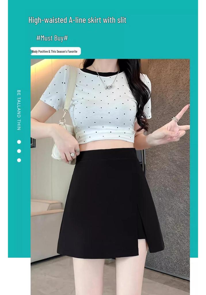 Plus Size Black High-Waist Slit Midi Skirt - Summer 2025 Irregular A-Line Design