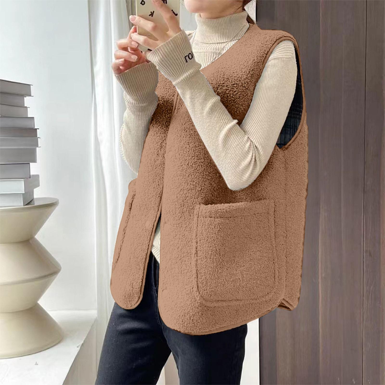 

Женский и зимний жилет из искусственной овечьей шерсти в клетку, жилет с круглым вырезом, двусторонний жилет из зернистого флиса S красный