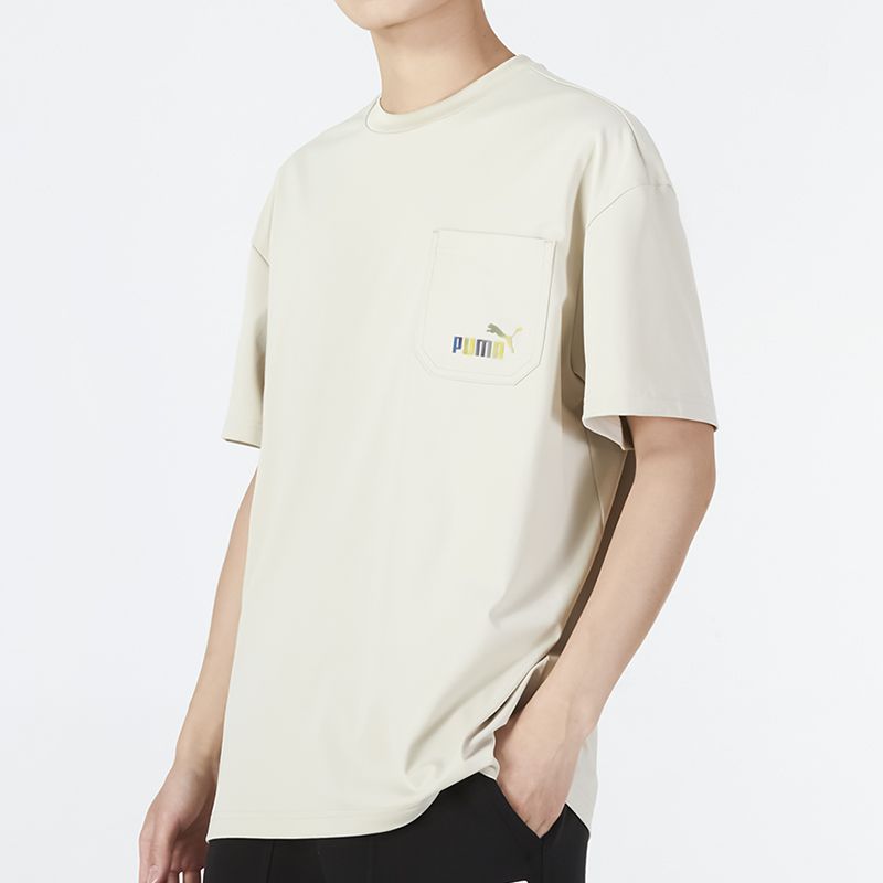 Puma Pocket Ss Tee With Solid Color Logo And Round Neck Unisex Tops Off-White 671962-64