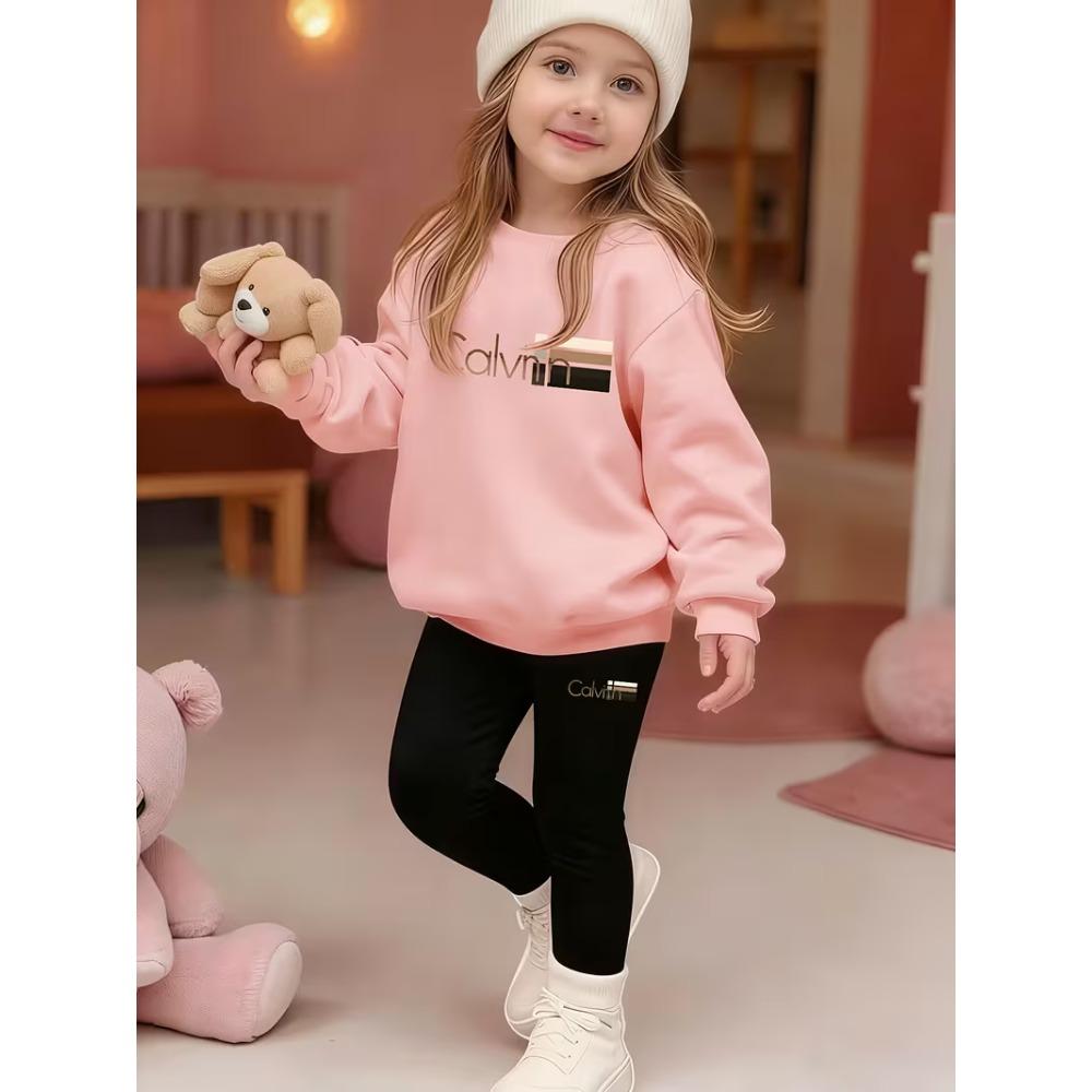 Girls' Letter Logo Casual Comfortable Soft Loose Pullover Sweatshirt and Leggings 2-Piece Set, New Autumn/Winter, Playful, Sweet and Cool Style