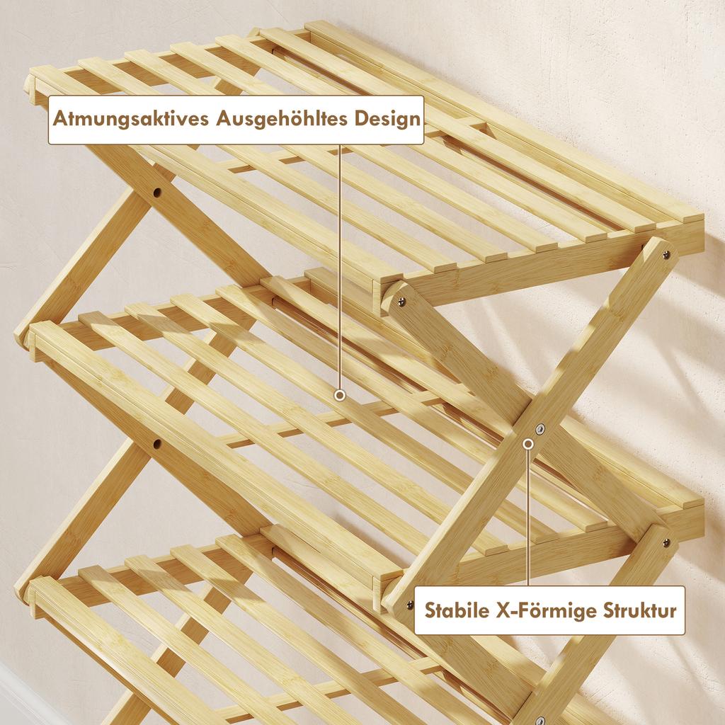 Four-Tier Folding Bamboo Shoe Rack - Natural Finish