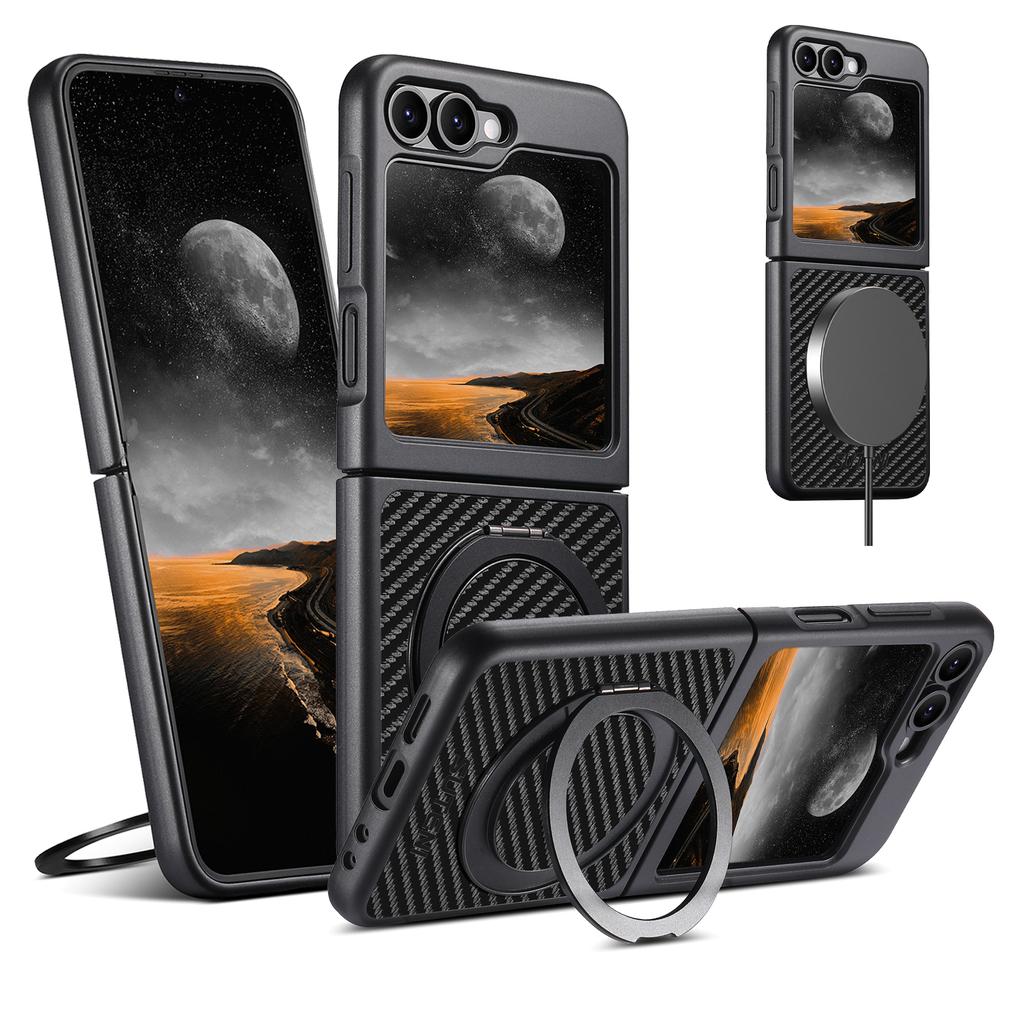 Mobile Phone Case Magnet Wireless Charging 360° Rotating Stand Faux Leather Ring Buckle for Samsung Galaxy Z Flip 7 6 5