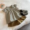 Girls Summer Mori Sweet Doll Collar Plaid Shirt With Brown Shorts Two Piece Set Outfit