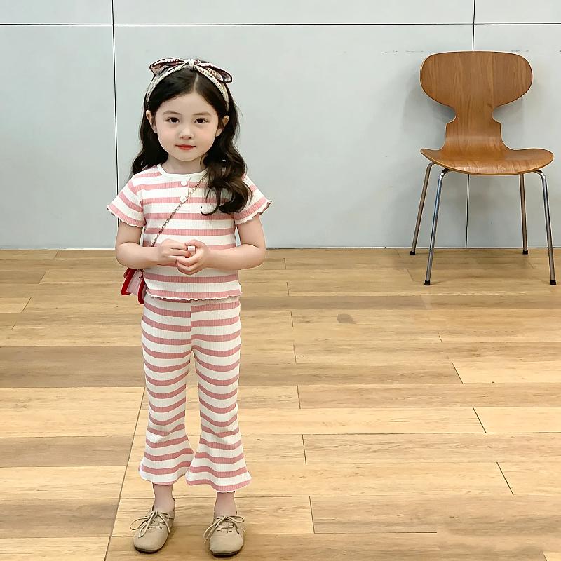 

Girls Ruffled Striped T-shirt & Bell Bottom Pants Set - Summer 2026 Collection 120cm