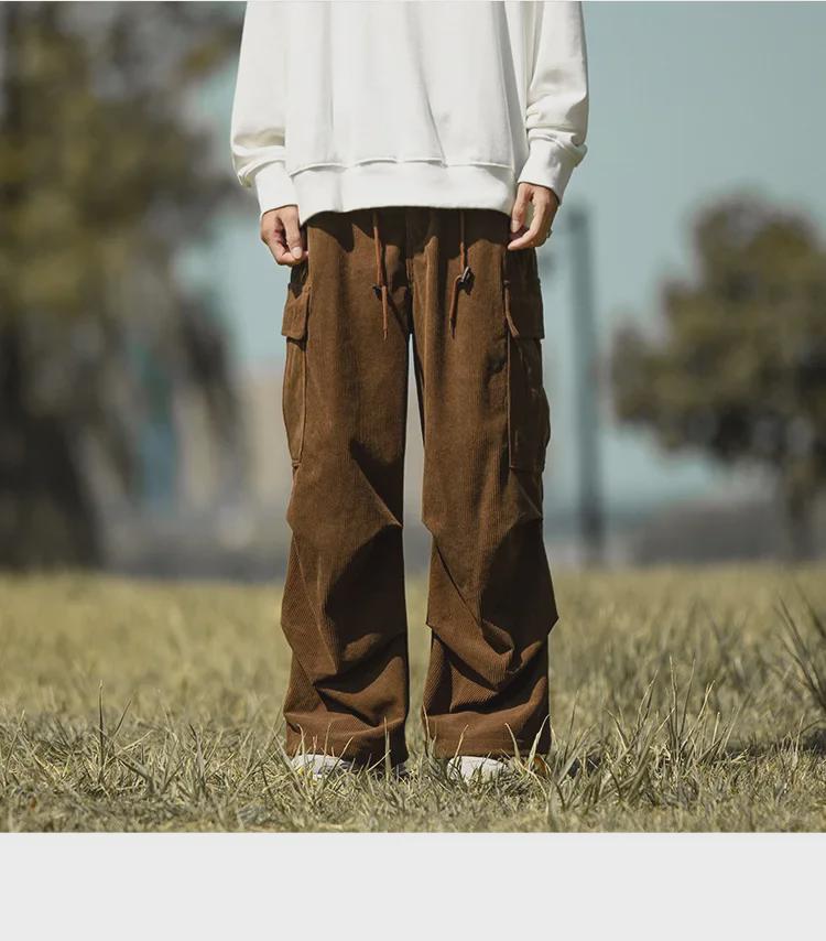 Men's Casual Trendy Army Green Corduroy Overalls - Autumn & Winter Wide-Leg Trousers