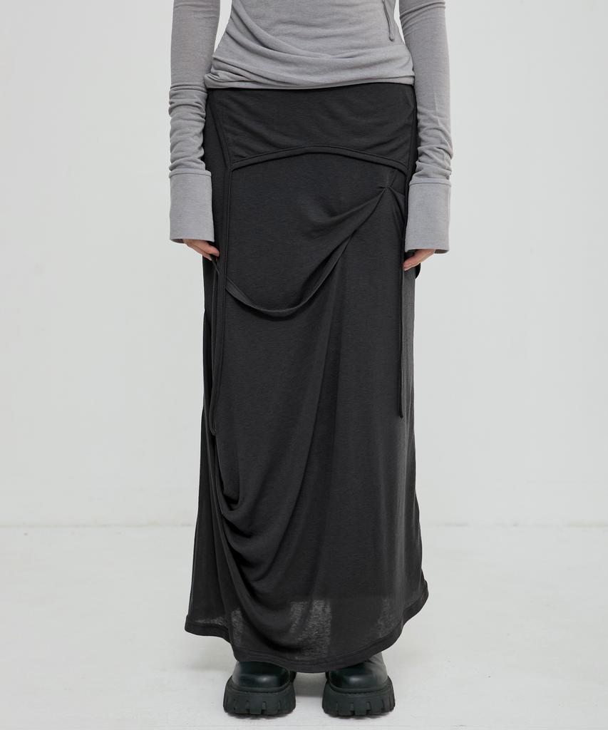 Peulleeoeob Asymmetrical Draped Long Skirt (Fl-263_Black)