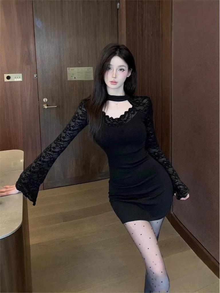 Backless Halter Long Sleeve Bodycon Dress - Sexy Hollow Out, Short Skirt for Women, Spring Autumn