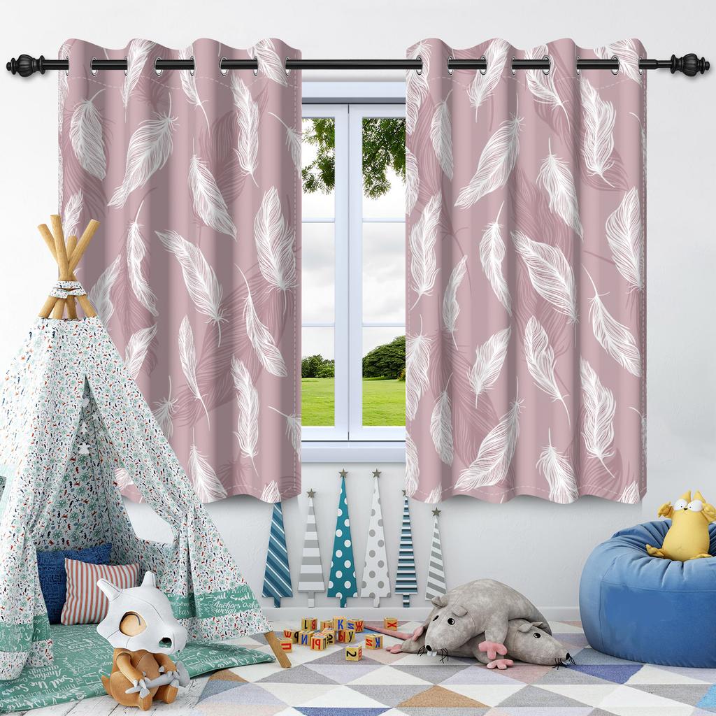 2pcs Feather Pattern Window Curtains Elegant Style Home Bedroom Living Room Blackout Curtains Thermal Insulation Washable Fabric