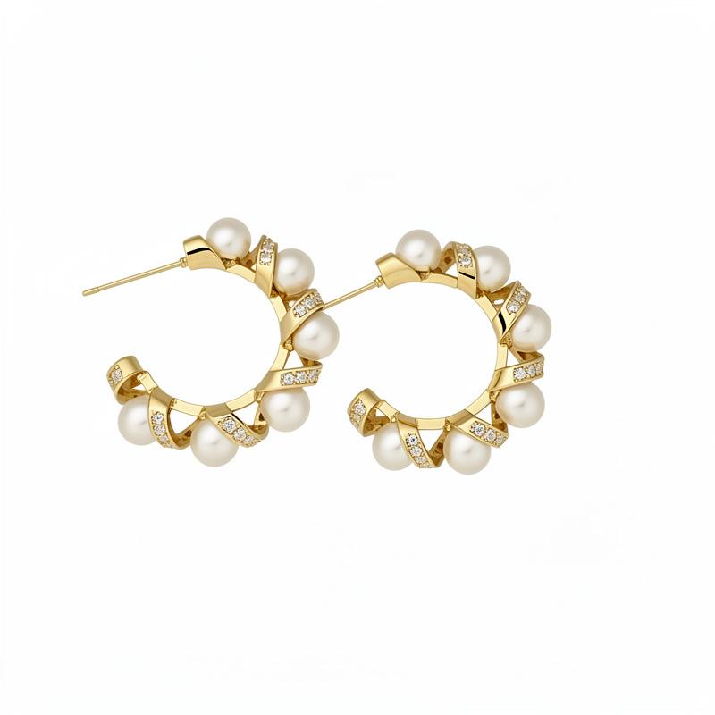 K real gold electroplated silver needle zircon pearl C-shaped earrings European and American retro temperament earrings light luxury high-end earrings