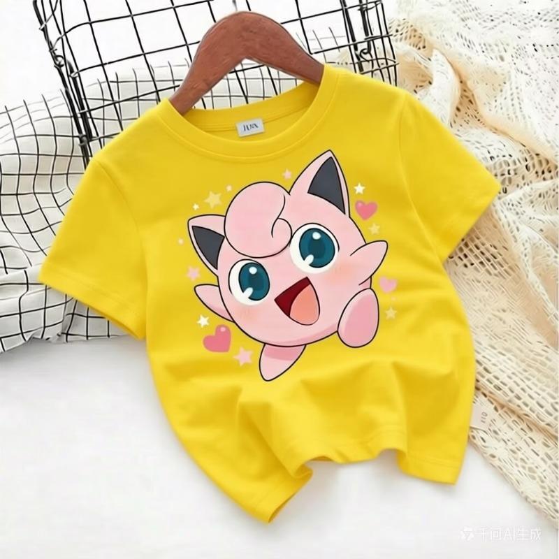 T-shirt with Pokémon Jigglypuff print for summer 2026, loose 100% cotton T-shirt for travel, games, and Y2k sports