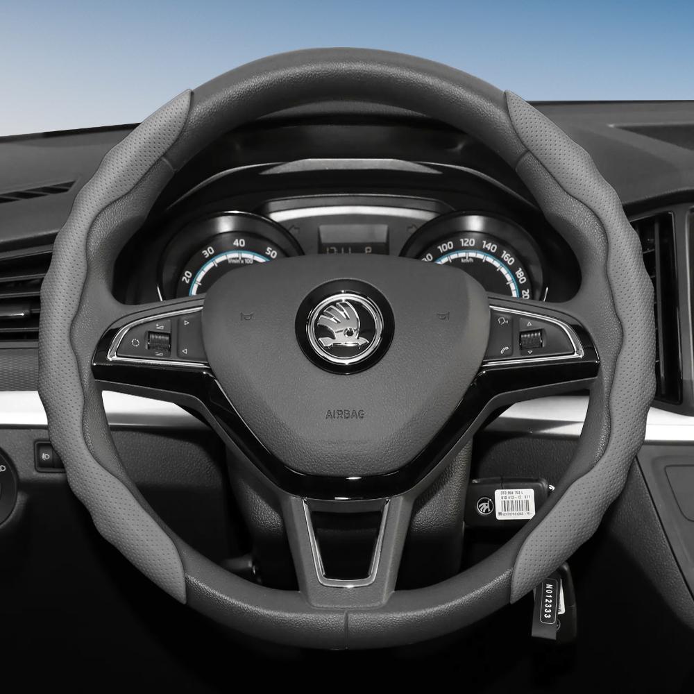 Suitable for Skoda Steering Wheel Cover with Wavy Sports Design, Breathable Leather, Segmented, Non-Slip, Sweat-Absorbent Protection for Octavia,