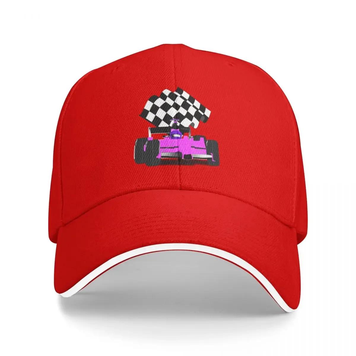 Pink Race Car with Checkered Flag Baseball Cap fashionable Bobble Hat Girl Mens