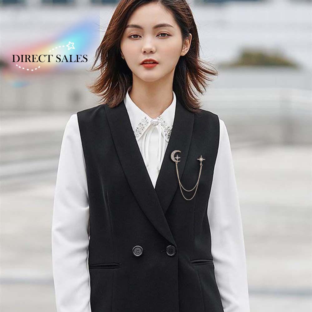 Jewelry Gold Color Rhinestone Star Moon Badge Tassel Chains Chain Brooches Pins Korean Style Star Moon Brooch Women Brooches золотой