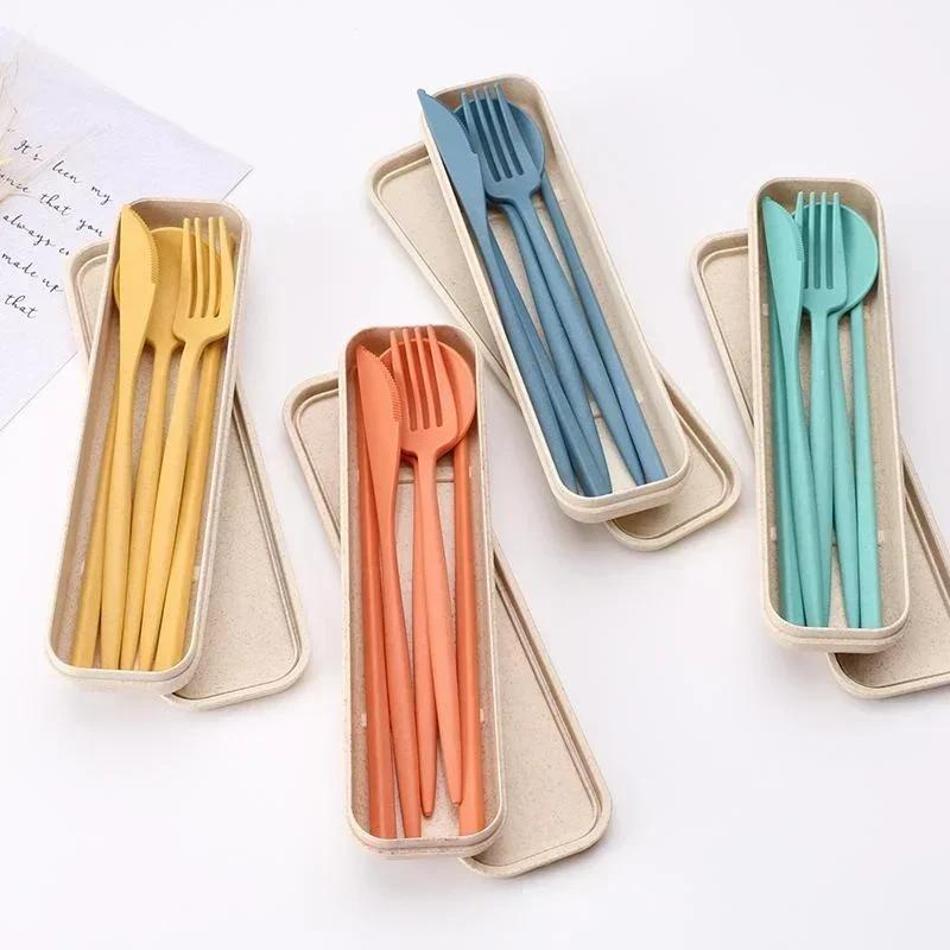 4 Pcs/Set Cutlery Wheat Straw Spoon Fork Chopsticks Box Tableware Portable Dinnerware Accessories Household Fashion Tableware