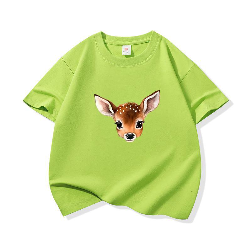 Kids Cotton T Shirt Cute Peeking Deer Print Crew Neck Short Sleeve Tee Casual Breathable Boys Girls Summer Tops