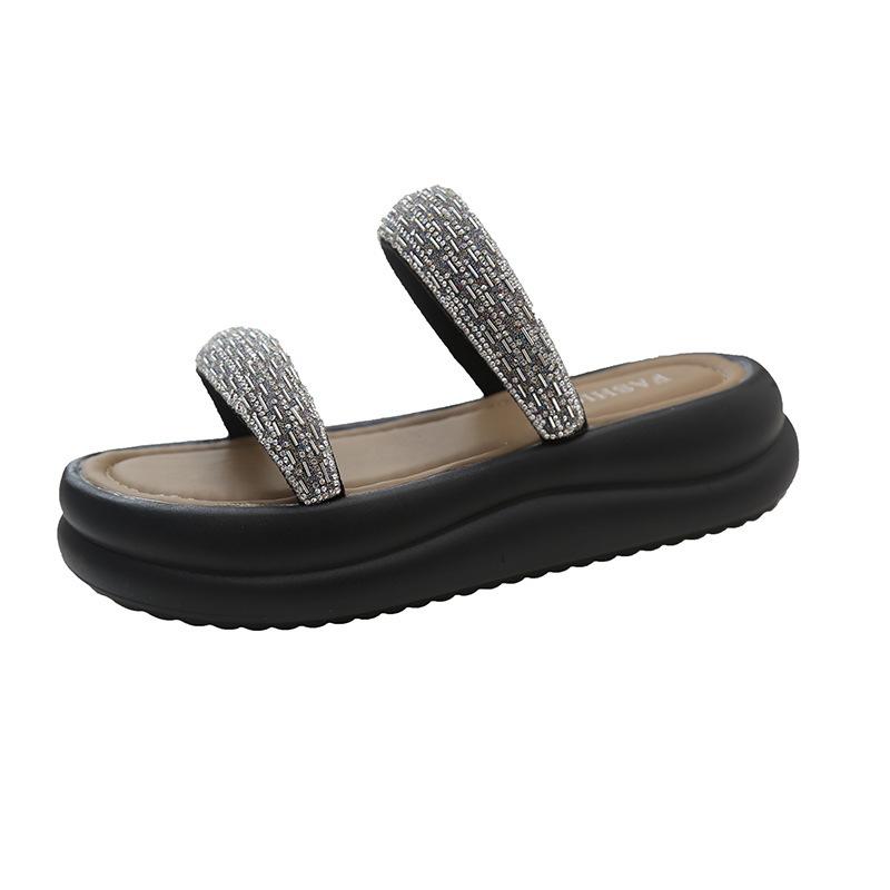 New rhinestone feeling wind 2025 shit muffin fairy sandals slippers female summer wear double belt stepping on thick bottom one-word drag
