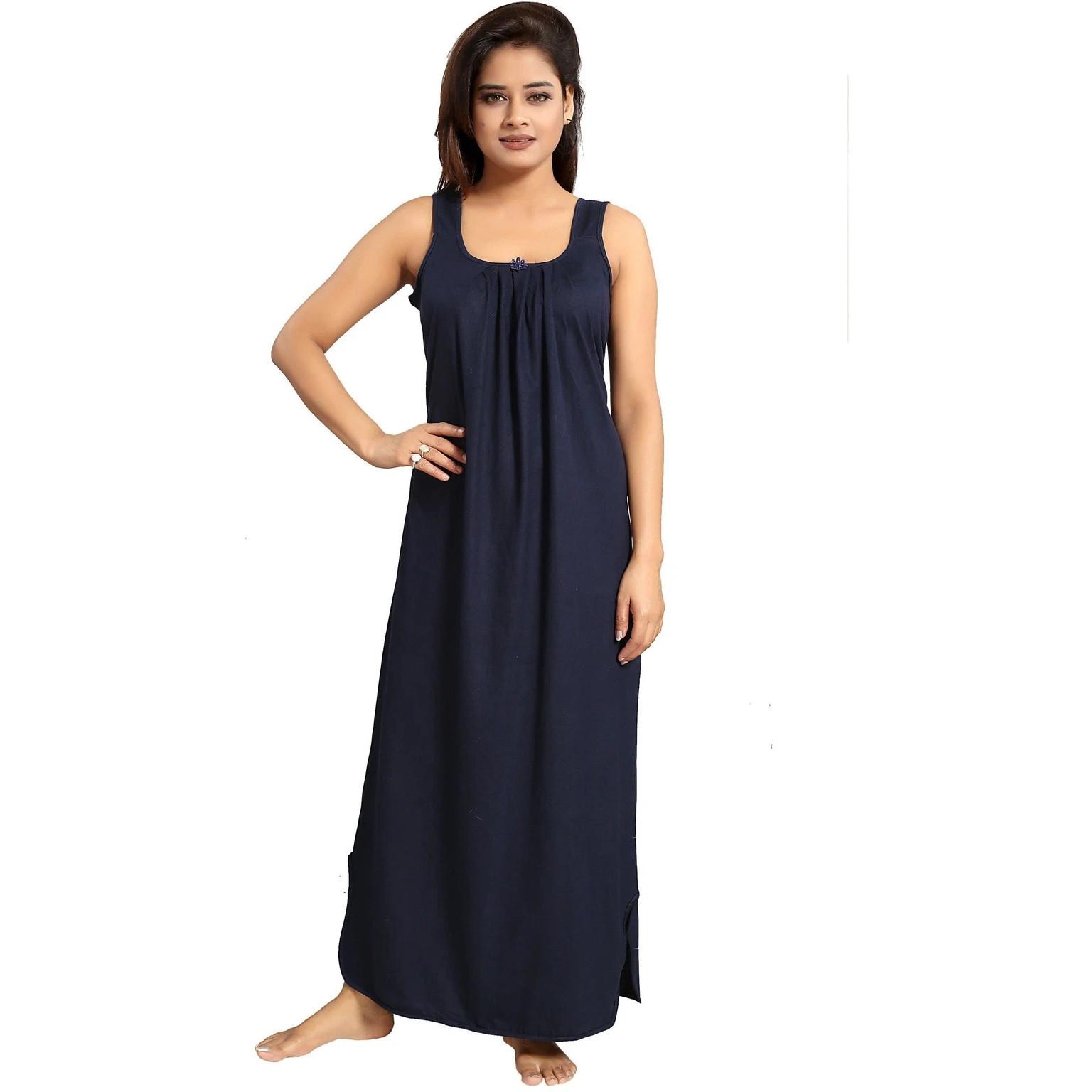 Dark Blue Cotton Women Nighty Beautiful Sleeveless Sleepwear Night Gown Dress Free