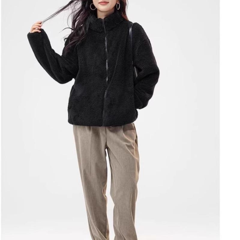 Coral fleece double-sided fleece women's autumn and winter warm stand-up collar casual large-size jacket zipper cardigan sweater mother outfit