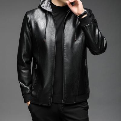 Chaqueta de Cuero para Hombre Mediana y Larga Forro Polar Engrosado Capucha Desmontable Chaqueta de Cuero Chaqueta Piel Integrada Chaqueta de Cuero Chaqueta para Hombre