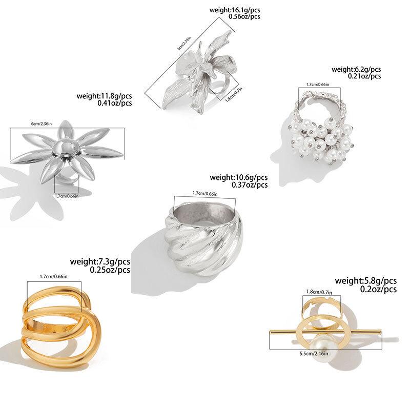 SHIXIN Vintage Creative Silver Color Large Flower Open Ring for Women Punk Imitation Pearl Party Adjustable Ring Finger Jewelry