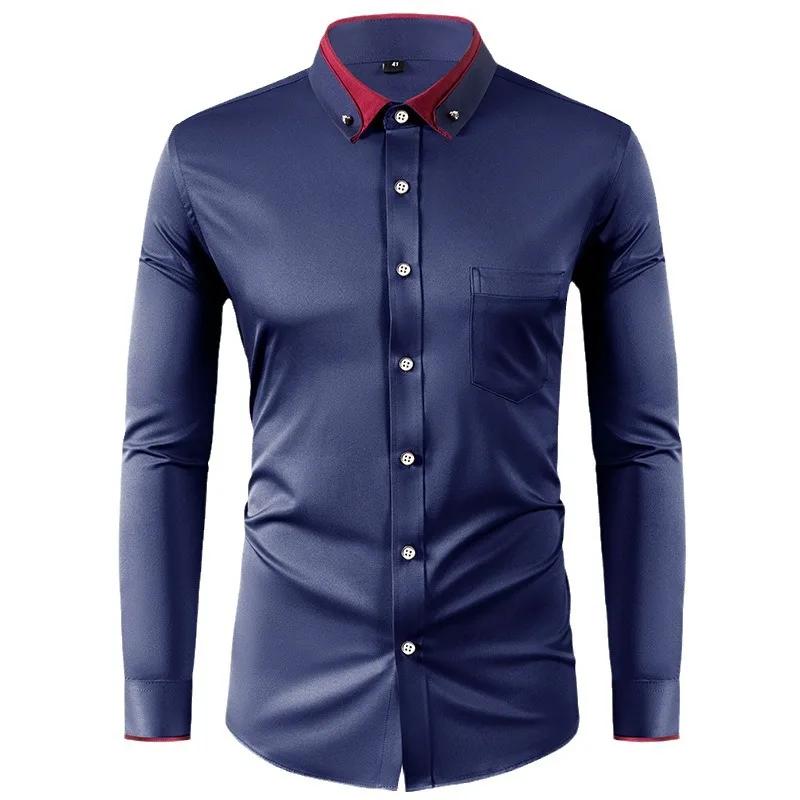 Elastic Shirt Men's Long Sleeved Diamond Buckle Contrasting Collar Design Solid Color Slim Fit Men's Shirt Men's Clothing