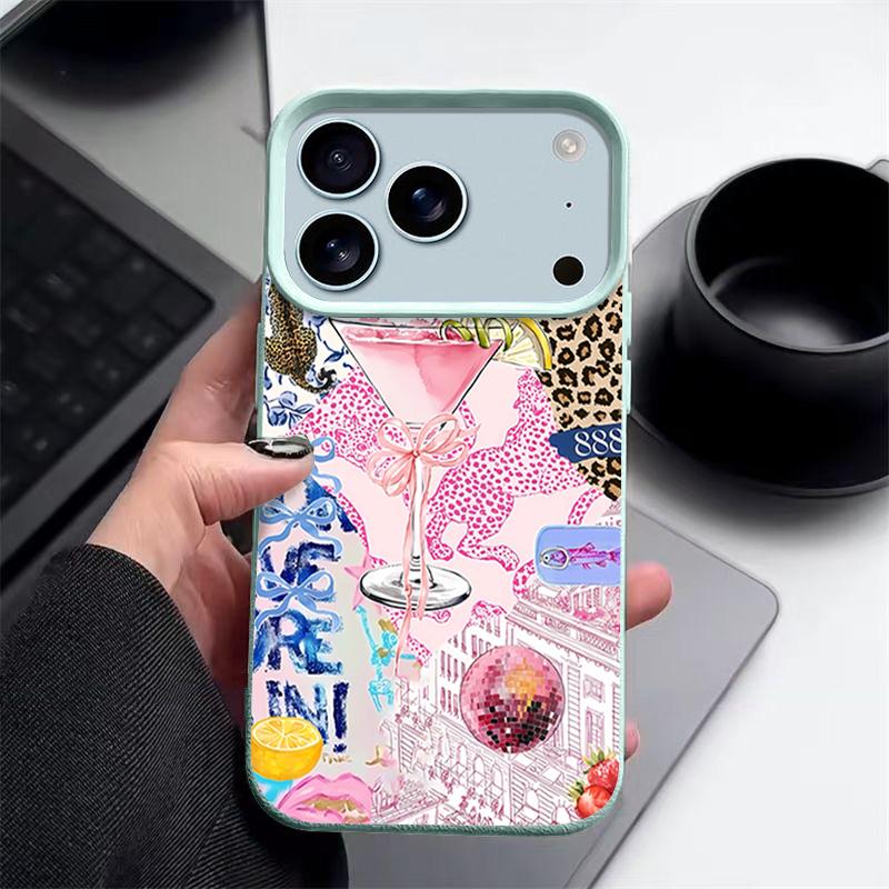 For iPhone 17 Pro Max Case Luxury Pink Goblet Bowknots Disco Ball Pattern Leather Texture Silicone Cover For iPhone 16 Pro Max 15 14 13 12 11 16E Air