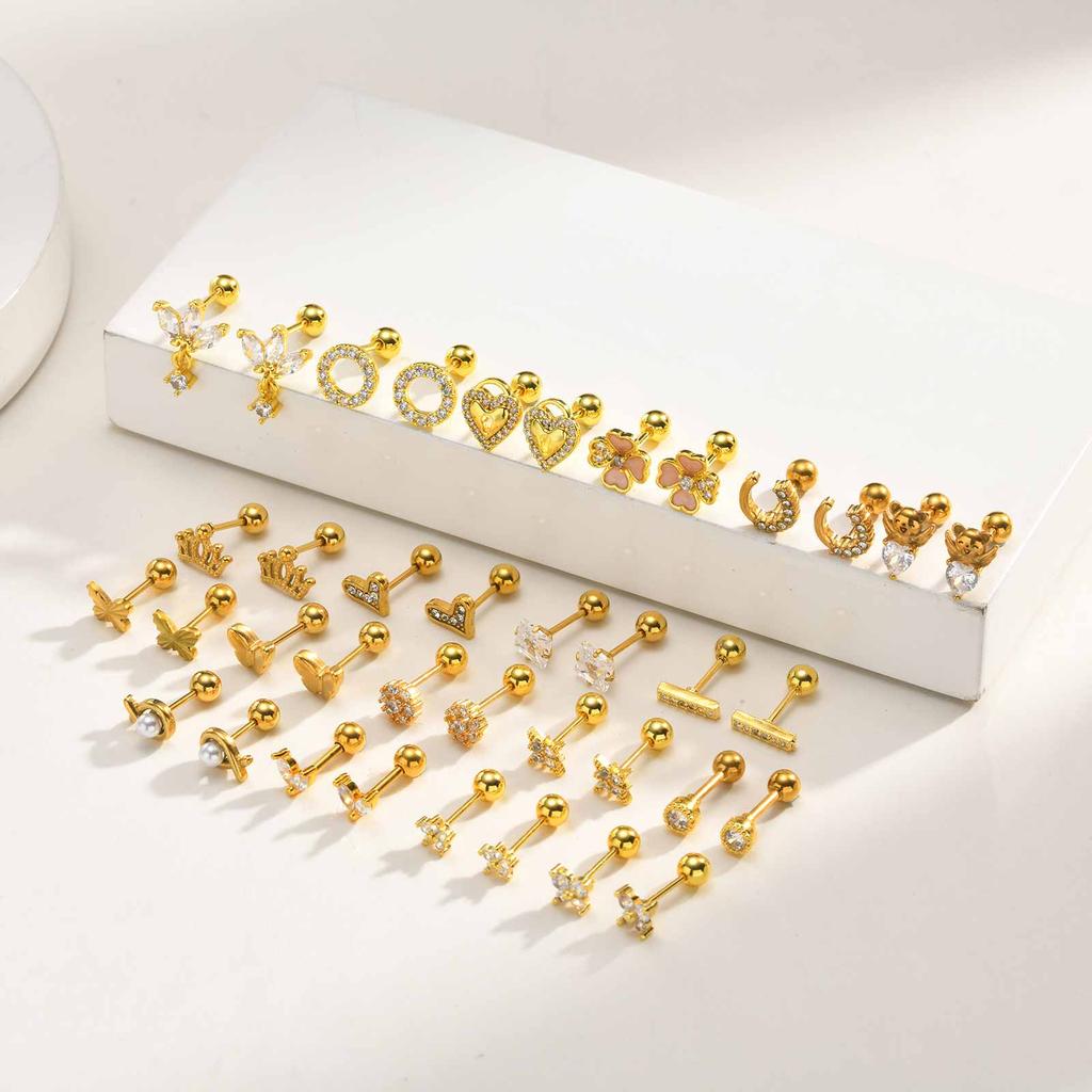 18K Gold Plated Stainless Steel Cartilage Stud Earrings, Dainty CZ Heart Butterfly Crown Multi Piercing Earring for Women