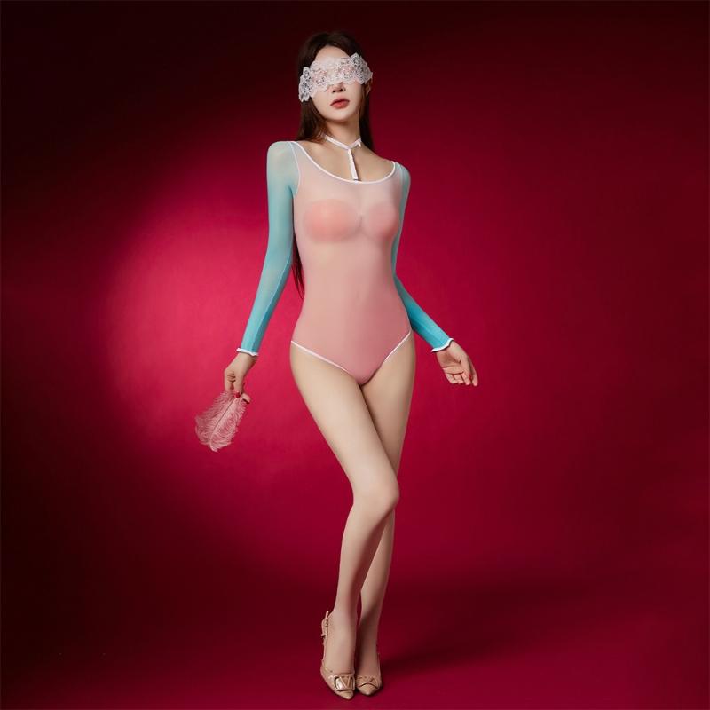 Women Sexy Bodysuit Oil Shiny See-Through Underwear Swimsuit With Hanging Neck Tights Ultra Elastic Open Crotch Jumpsuit