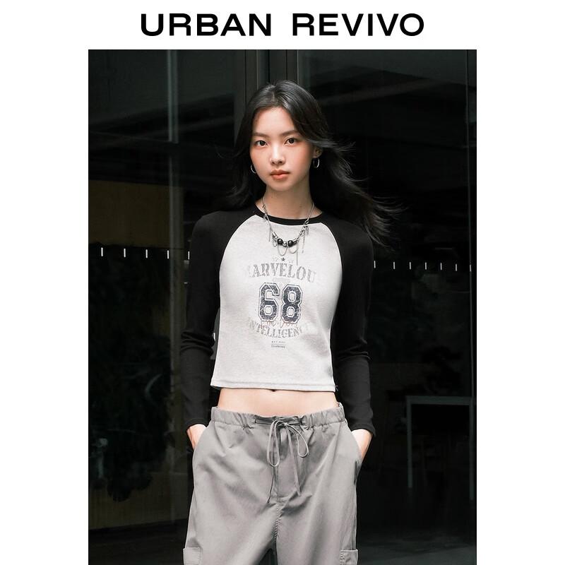UR 2025 Women's Retro Print Color-block Slim-fit T-shirt