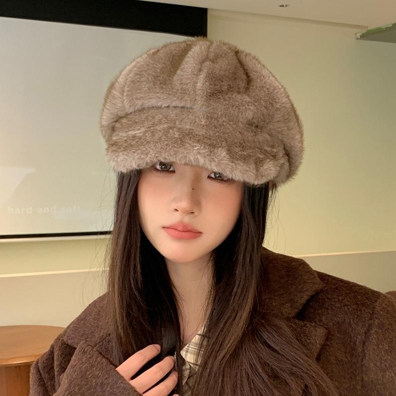 Autumn and Winter Hat Women's New Plush Cap Fashionable Warm Windproof Ear Hat Imitation Fur Octagonal Hat