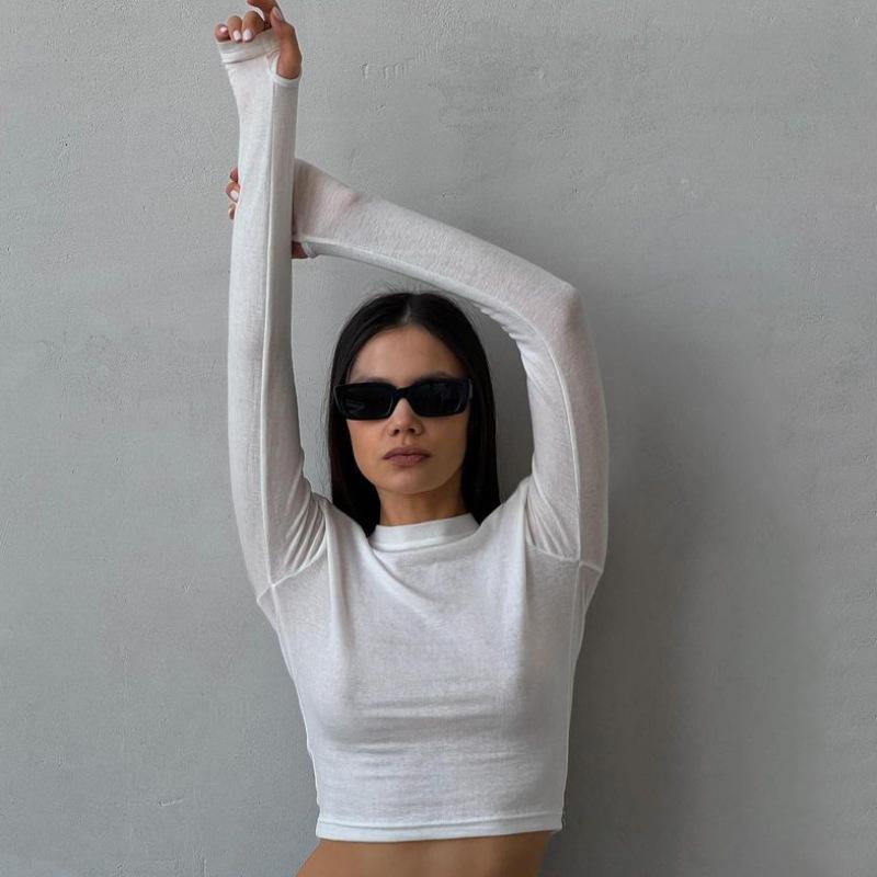 Shoulder pads European and American women's casual long-sleeved t-shirt spring and autumn solid color slim-fit jumper t-shirt women's street bottomin