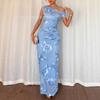 Women Off Shoulder Floral Print Long Dress Solid Light Blue Maxi Dress