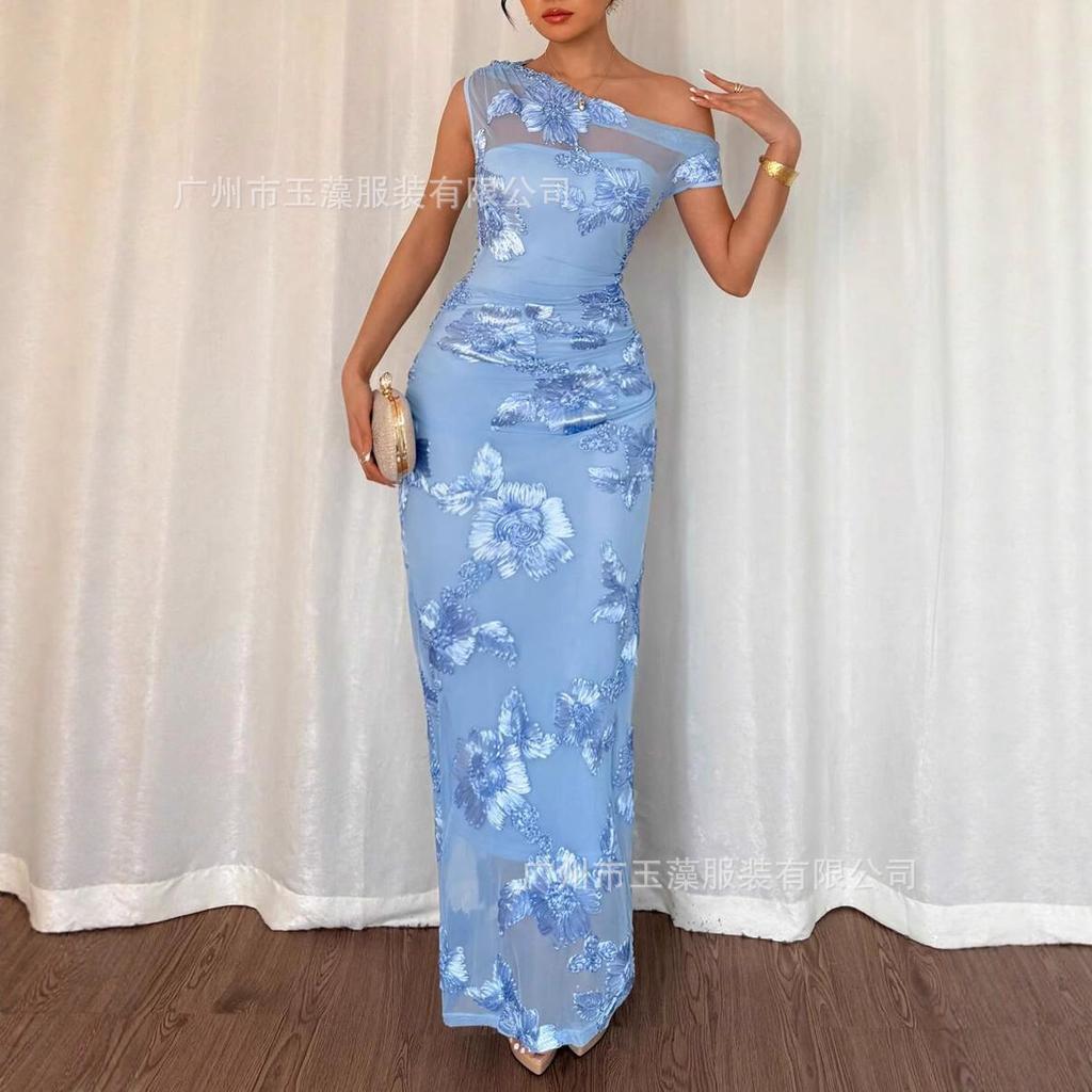 Women Off Shoulder Floral Print Long Dress Solid Light Blue Maxi Dress