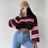 Women Striped Off Shoulder Long Sleeve Crop Top Casual Loose Fit Sweater