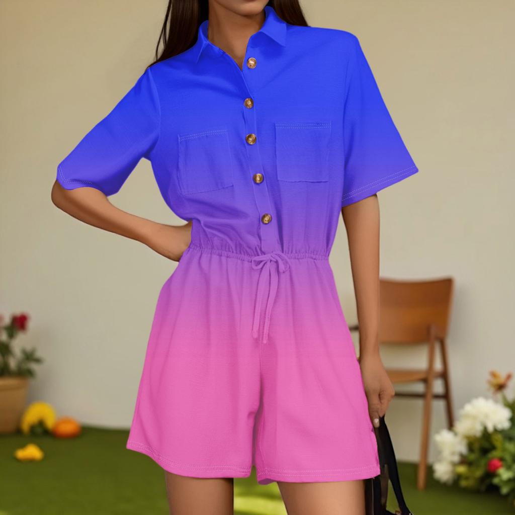 Women's Fashion V-neck Jumpsuit Plaid Casual Short Sleeve Top Jumpsuit