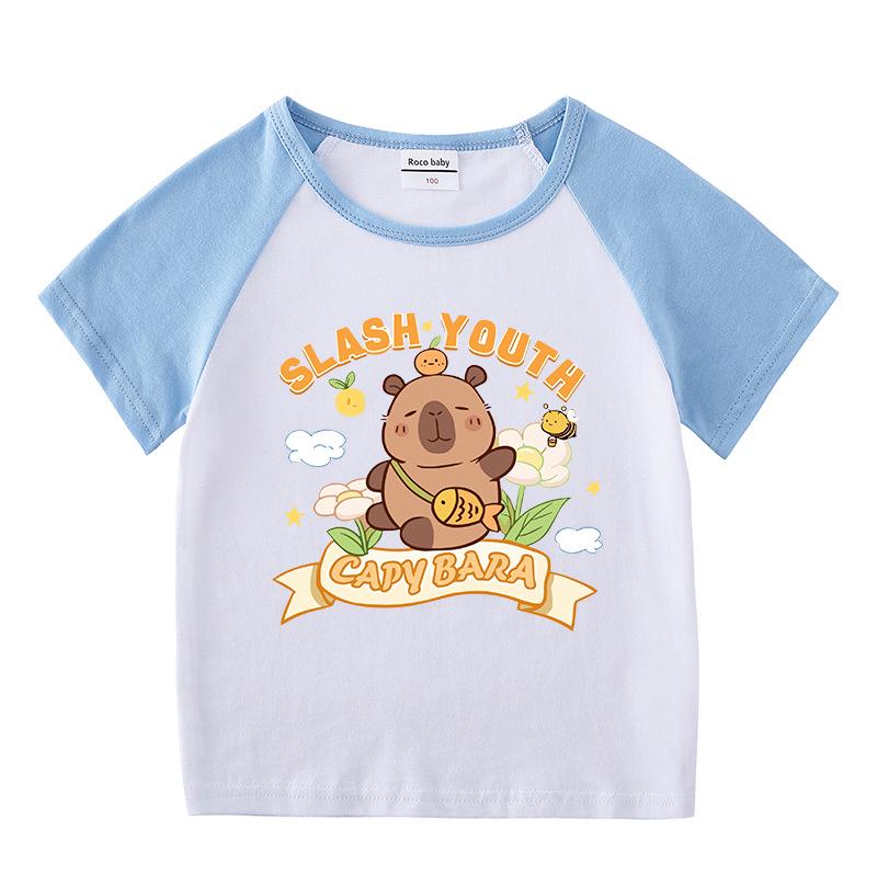 Kids' Summer Color Block Two-Piece Set: Casual T-shirt & Shorts