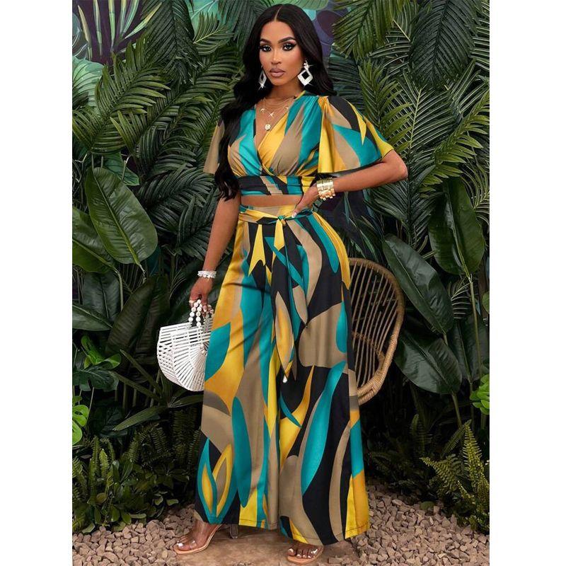 

Amazon Tropical Print Pleat Butterfly Sleeve V-neck Open Waist Short Jacket Lace-up Wide Leg Pants Set Suit Color S