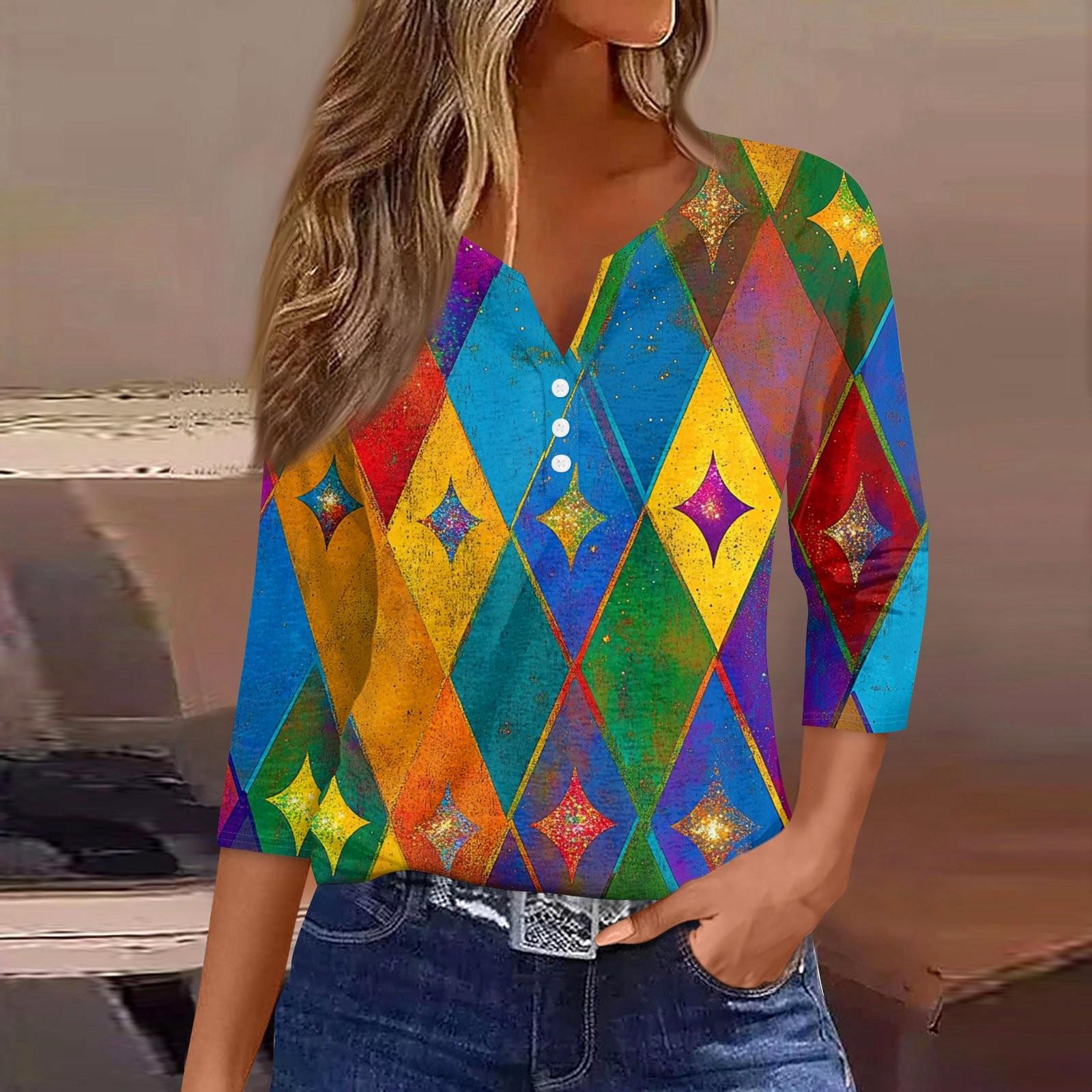 

Женская модная повседневная футболка с V-образным вырезом и рукавом семь четвертей, топ с карнавальным принтом и пуговицами L синий