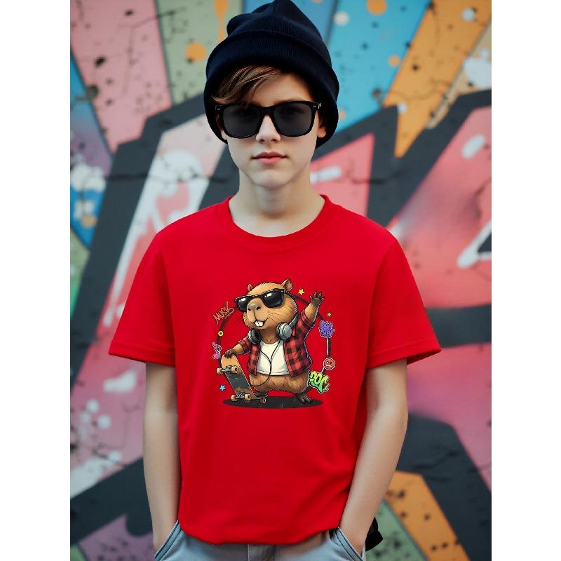 Boys Crewneck T-Shirt, Cool Skateboard Music Capybara Graphic Soft Breathable Short Sleeve Top