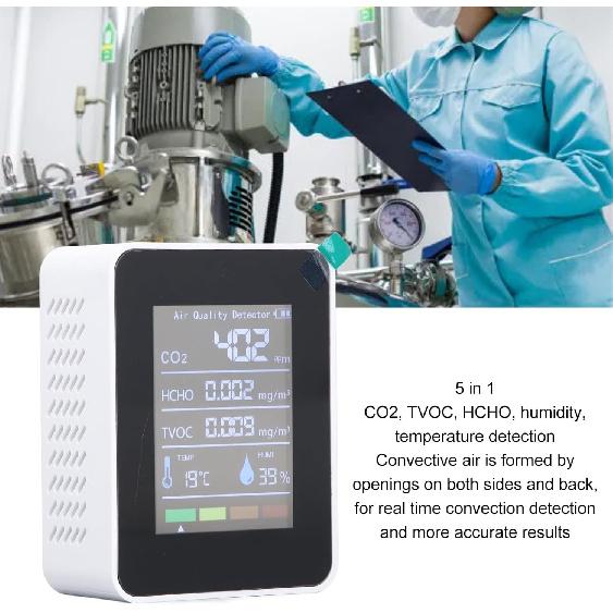 Air Quality Monitor 5-in-1 Detector for CO2, TVOC, HCHO LCD Display Temperature Humidity Detector