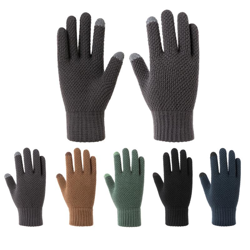 Touchscreen Gloves Men Winter Warm Thermal Thick Jacquard Five-Finger Wool Knitted Cold Proof